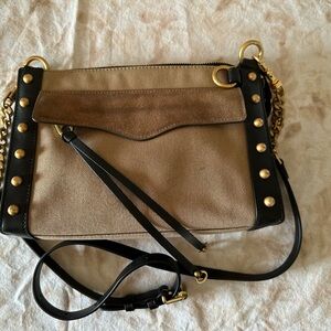 Rebecca Minkoff MAB Studded Crossbody Bag Leather Suede Cotton Twill Brown